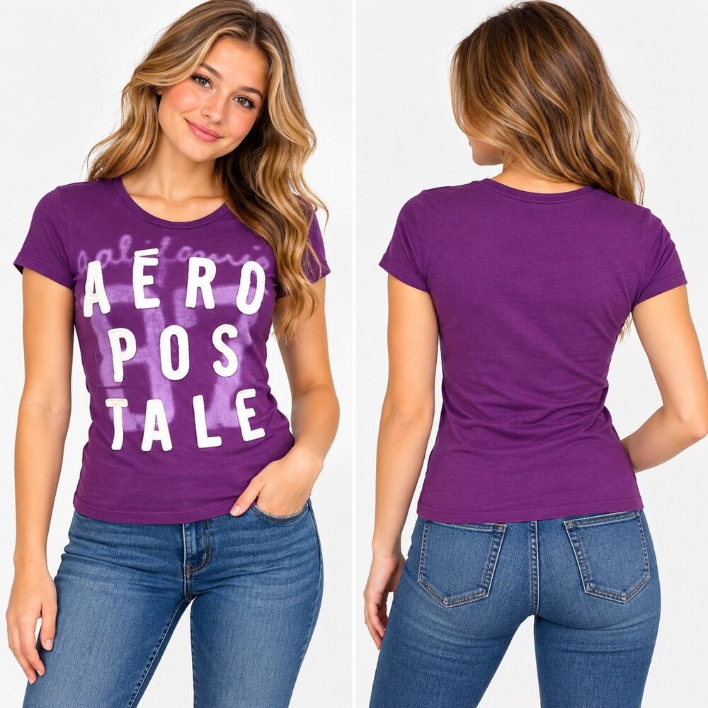 Y2K Aeropostale Womens T Shirt Top Short Sleeve Cotton Purple White Medium